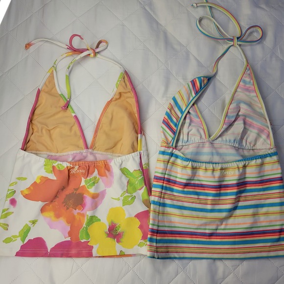 Vtg Morey Kids Halter Tankini Swim Tops Set of 2 Floral Striped Multicolor - Picture 2 of 9